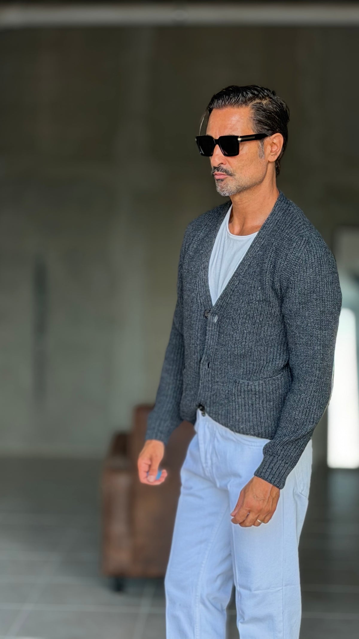 CARDIGAN GRIGIO PIOMBO LANA ALPACA VISCOSA MAGLIA INGLESE ALTATENSIONE (