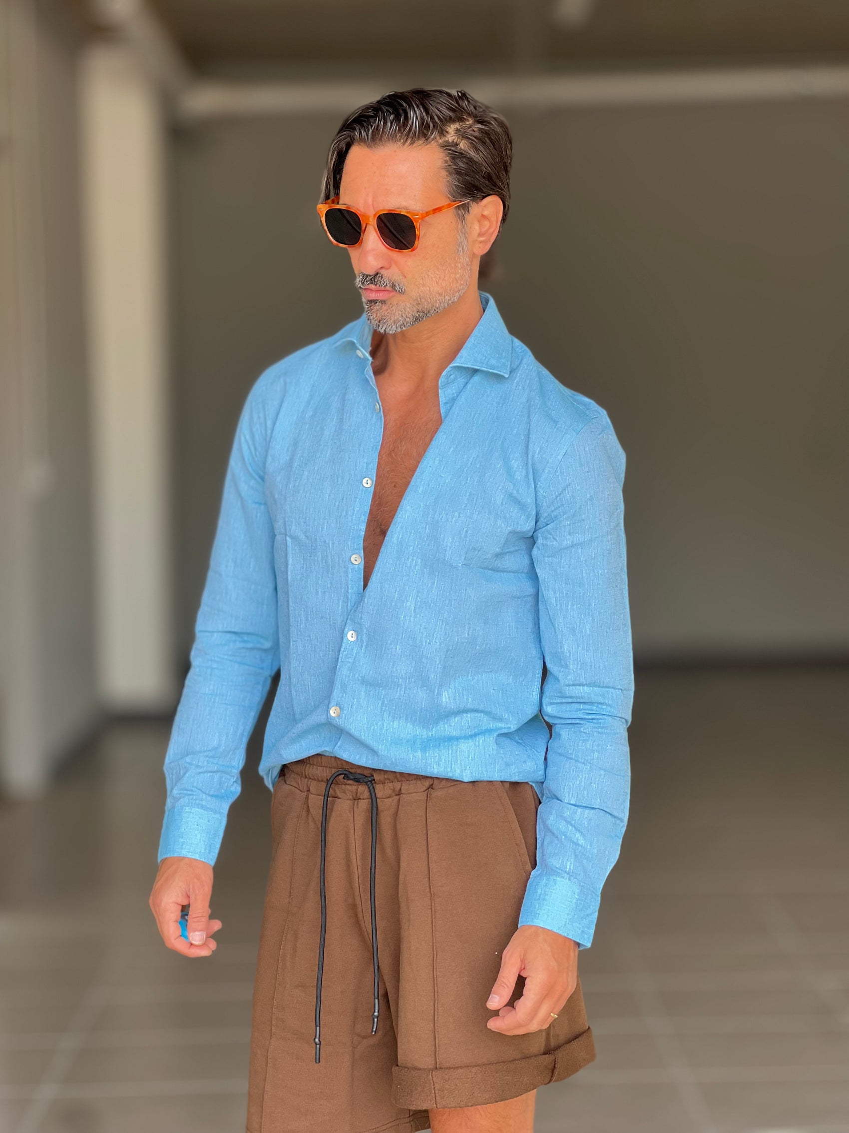 CAMICIA  AZZURRA LINO E MISTI COLLO ITALIANO