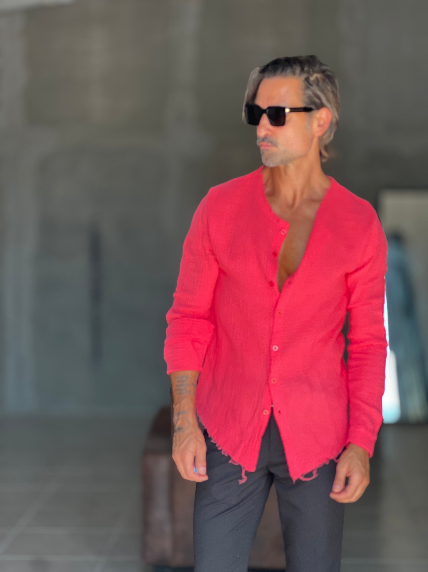 CAMICIA COREANA. ROSSA CORALLO GOFFRATA COTONE  EFFETTO LINO 278