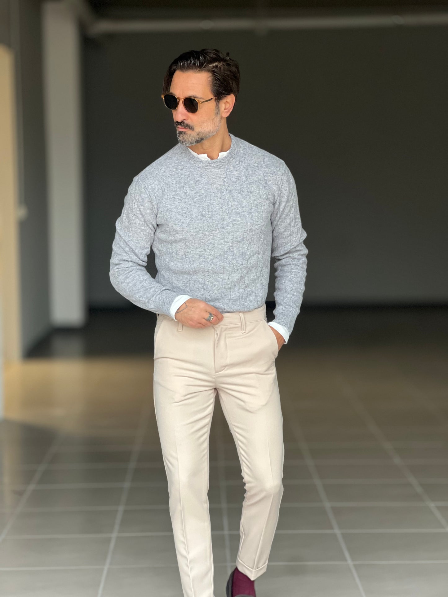 MAGLIA GIRO GRIGIA LANA E CASHEMERE TRECCIA PICCOLA