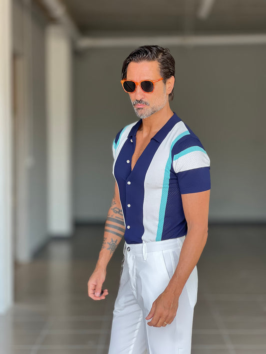 POLO CARDIGAN  MULTIRIGA BLU COLLO AMERICANO 00125