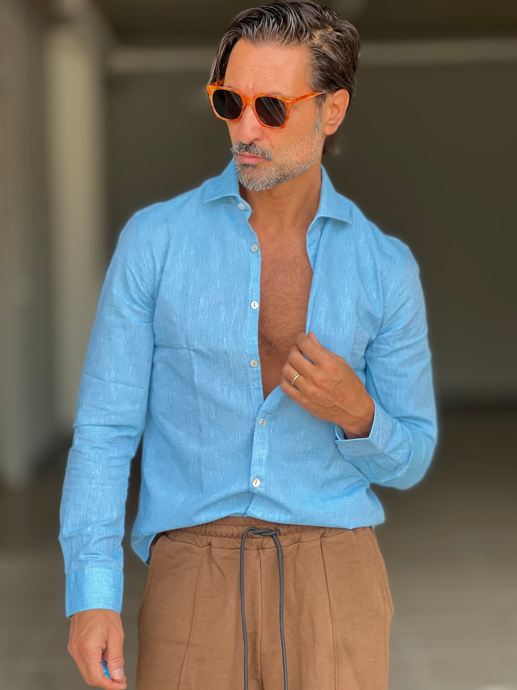 CAMICIA  AZZURRA LINO E MISTI COLLO ITALIANO