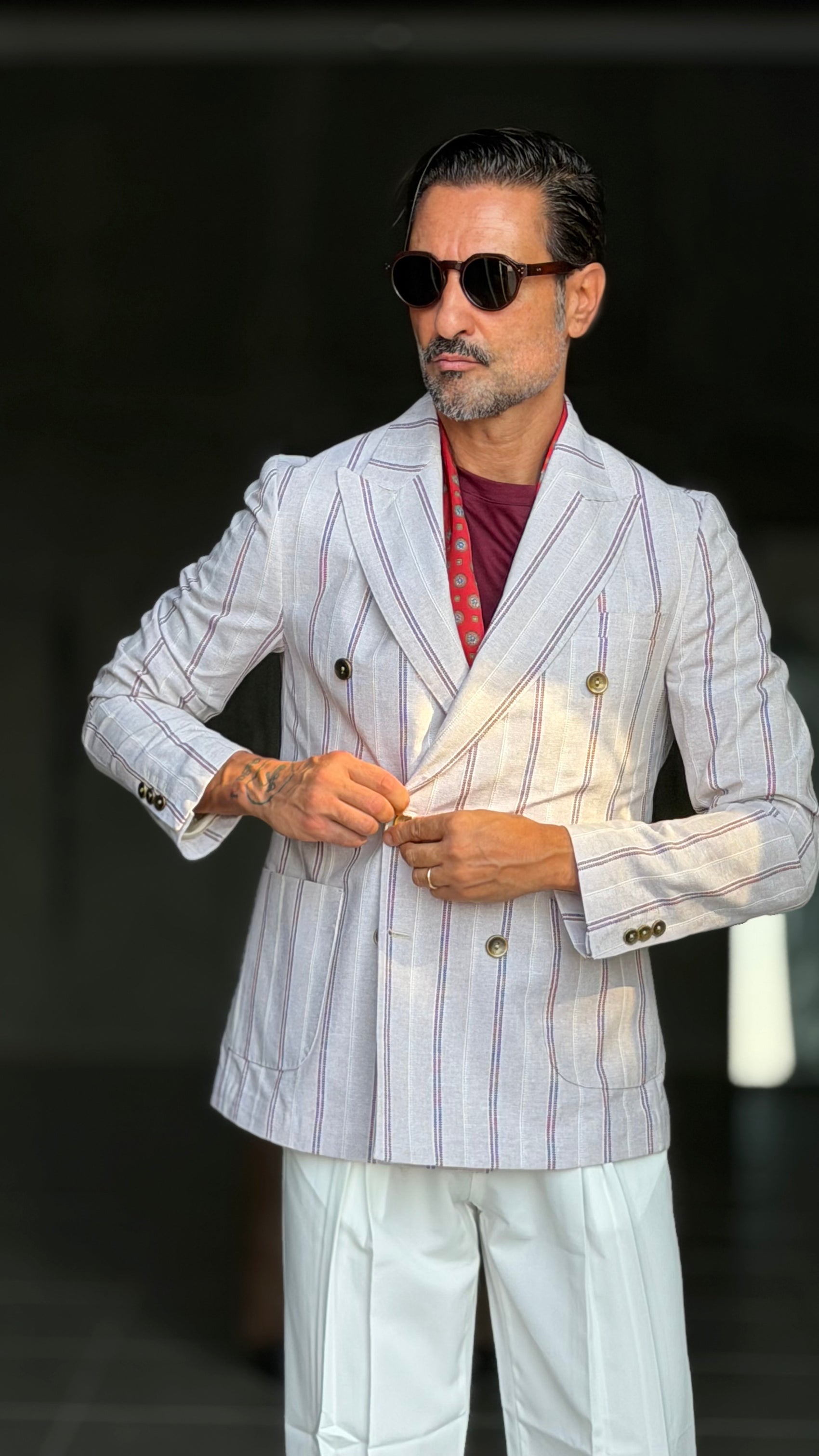 GIACCA DOPPIOPETTO BEIGE GESSATA BORDEAUX COTONE