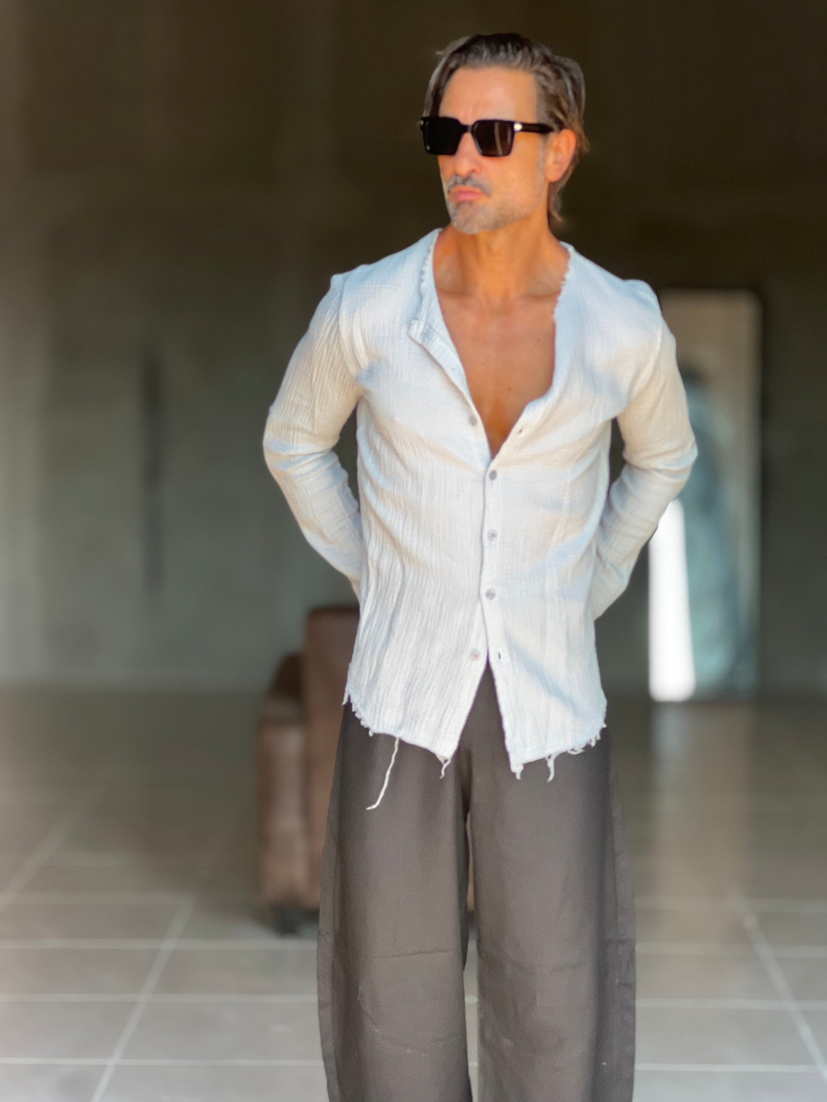 CAMICIA COREANA GRIGIO CHIARO GOFFRATA COTONE  EFFETTO LINO. 278