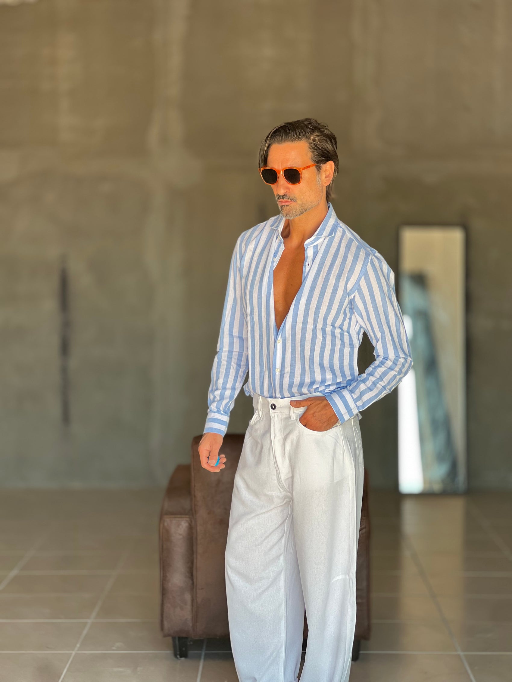 CAMICIA   BACCHETTA GRANDE  BIANCA E CELESTE  LINO E MISTI COLLO ITALIANO