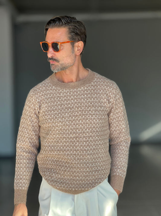 MAGLIA GIRO CAMMELLO  MICROFANTASIA MISTO LANA