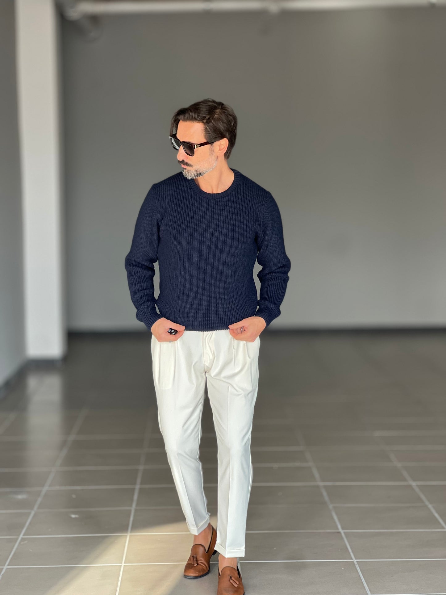 BLUE THREAD COTTON CREW NECK SWEATER