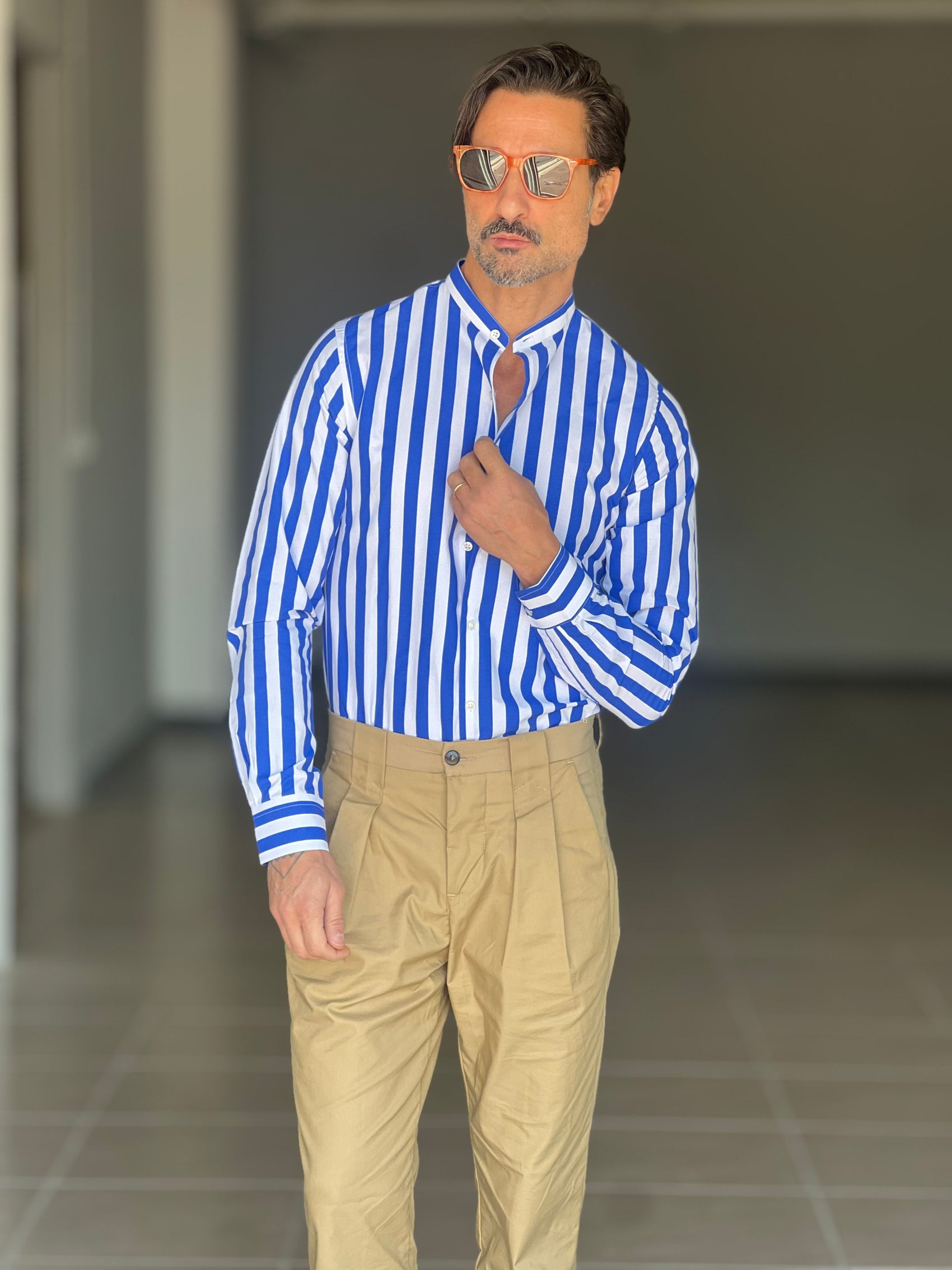 CAMICIA BIANCA E BLU  COREANA   POPELINE DI COTONE STRECH 0070