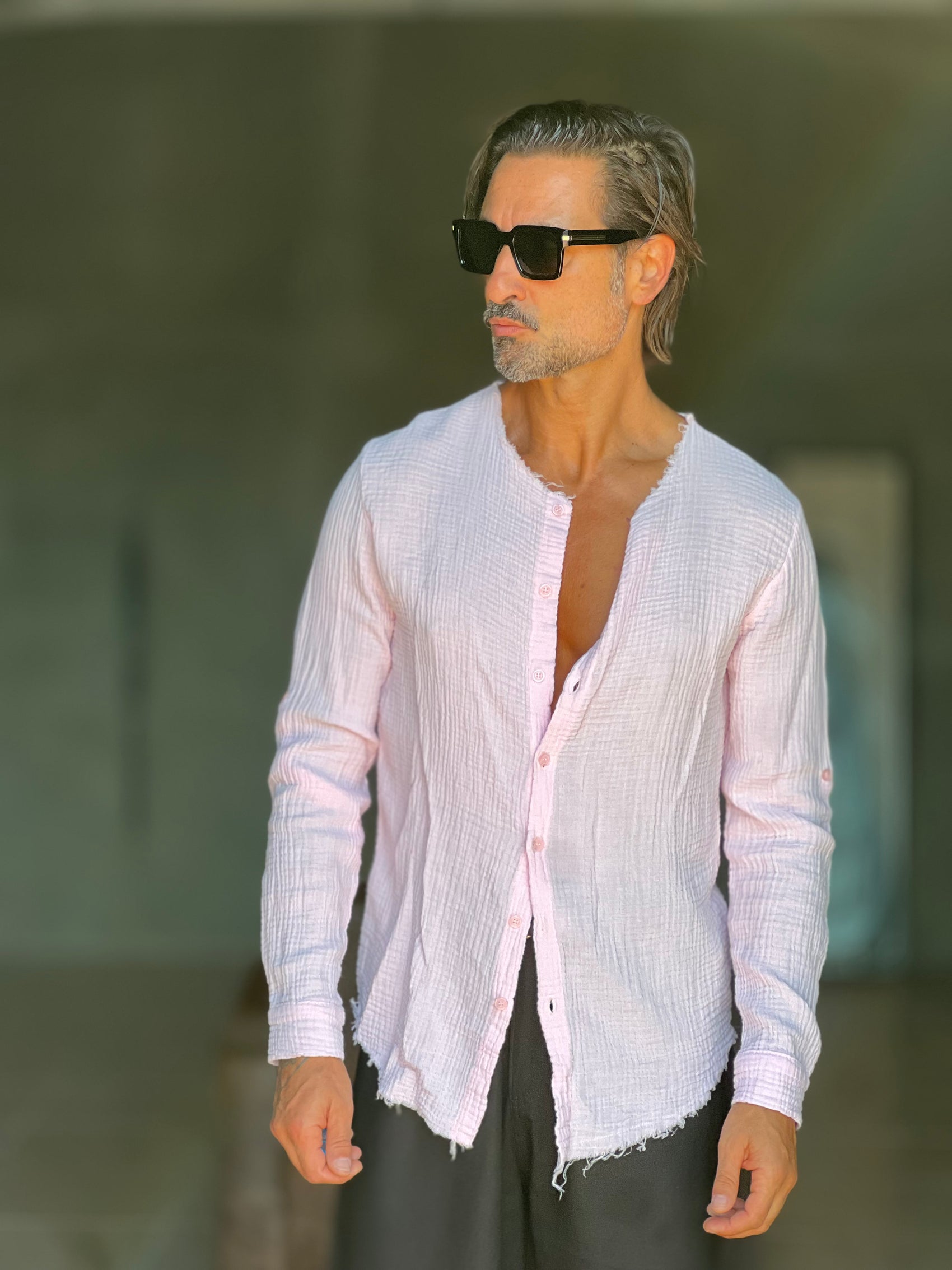 CAMICIA COREANA ROSA GOFFRATA COTONE  EFFETTO LINO 278