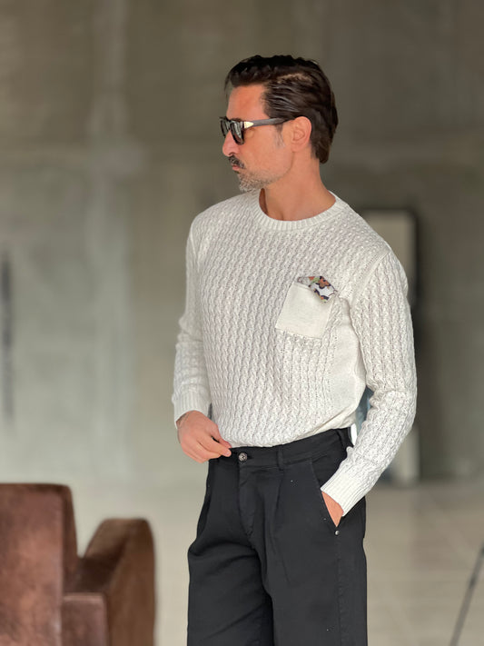 MAGLIA BIANCA  TRECCIA COTONE TASCHINO