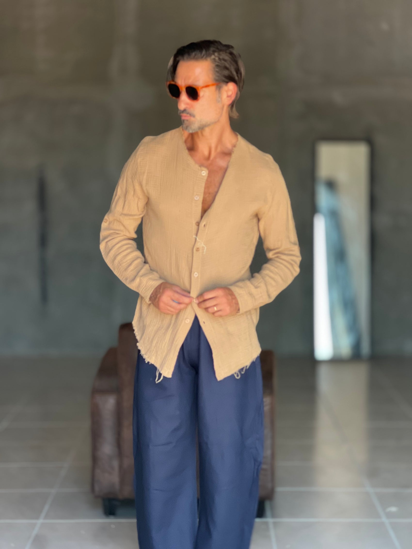 CAMICIA COREANA CARAMELLO  CHIARO GOFFRATA COTONE  EFFETTO LINO. 278