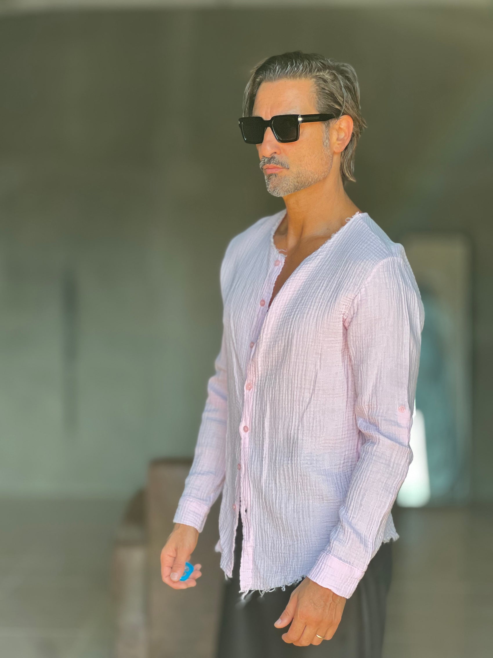 CAMICIA COREANA ROSA GOFFRATA COTONE  EFFETTO LINO 278