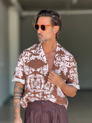 CAMICIA  STAMPA FLOREALE ROSA E MORO COLLO AMERICANO