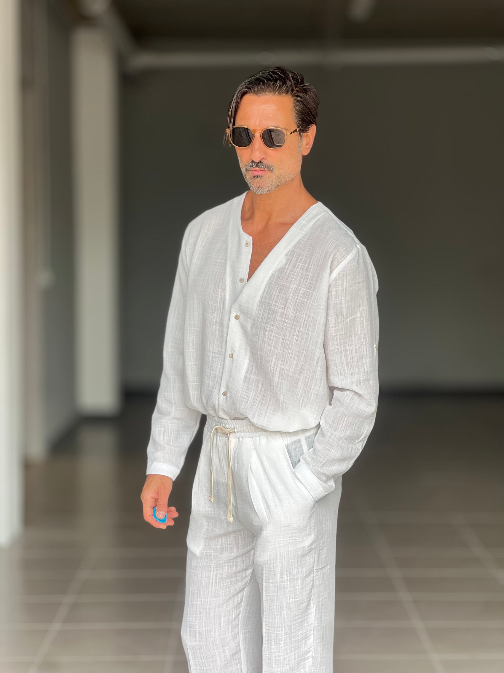 COORDINATO CAMICIA  PANTALACCIO BIANCO COREANA GIROCOLLO COTENE VISCOSA EFFETTO LINO. 00201