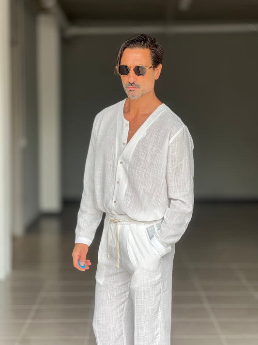 COORDINATO CAMICIA  PANTALACCIO BIANCO COREANA GIROCOLLO COTENE VISCOSA EFFETTO LINO