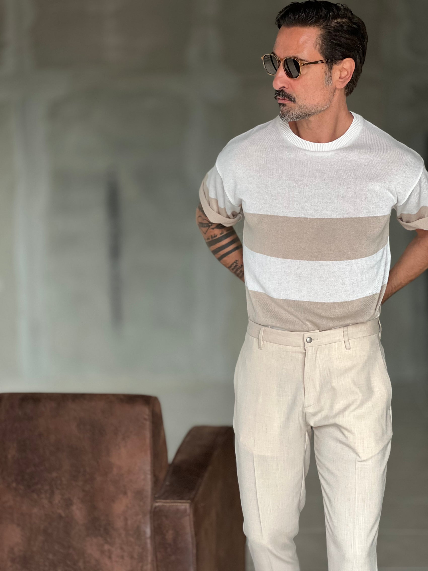 MAGLIA BIANCA RIGA GRANDE BEIGE IN FILO CROP