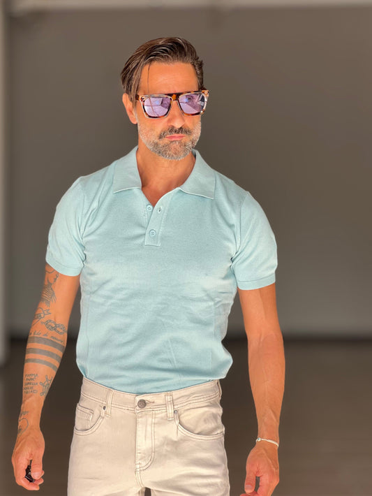POLO CELESTE MARE FIAMMATA COLLO  3 BOTTONI