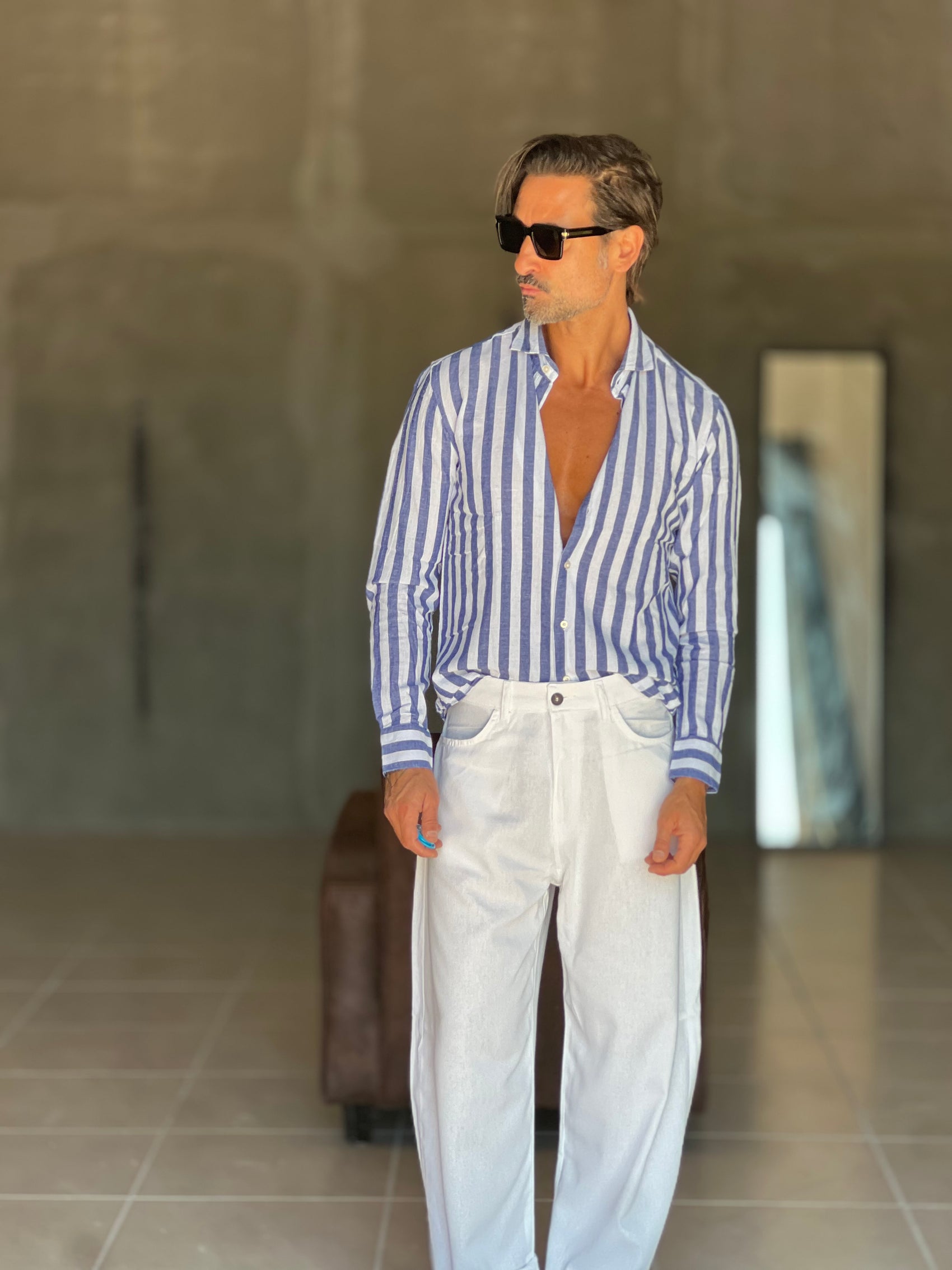 CAMICIA   BACCHETTA GRANDE  BIANCA E BLU   LINO E MISTI COLLO ITALIANO