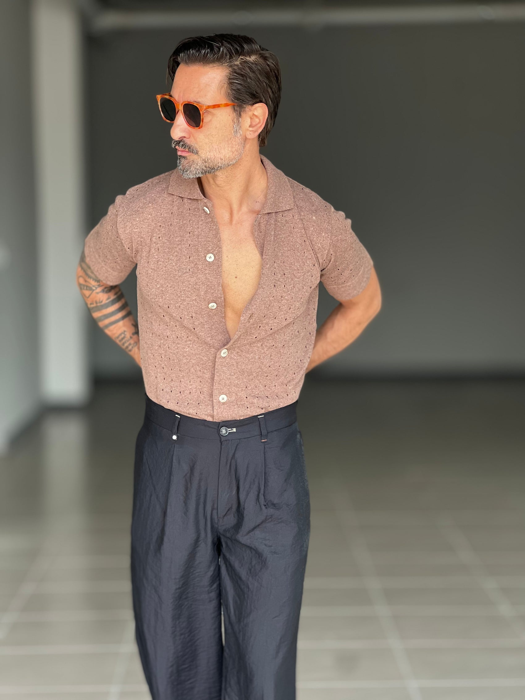 POLO CAMICIA TABACCO  TRAMATURA FORATA BL11. 0049