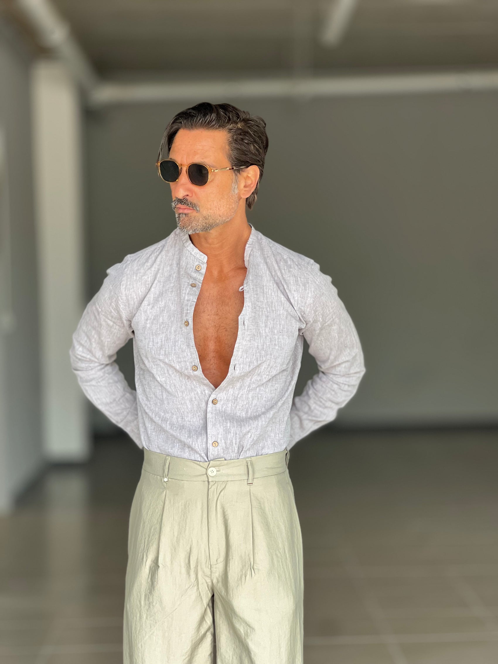 CAMICIA COREANA GRIGIA/VERDE  MISTO LINO  BL11