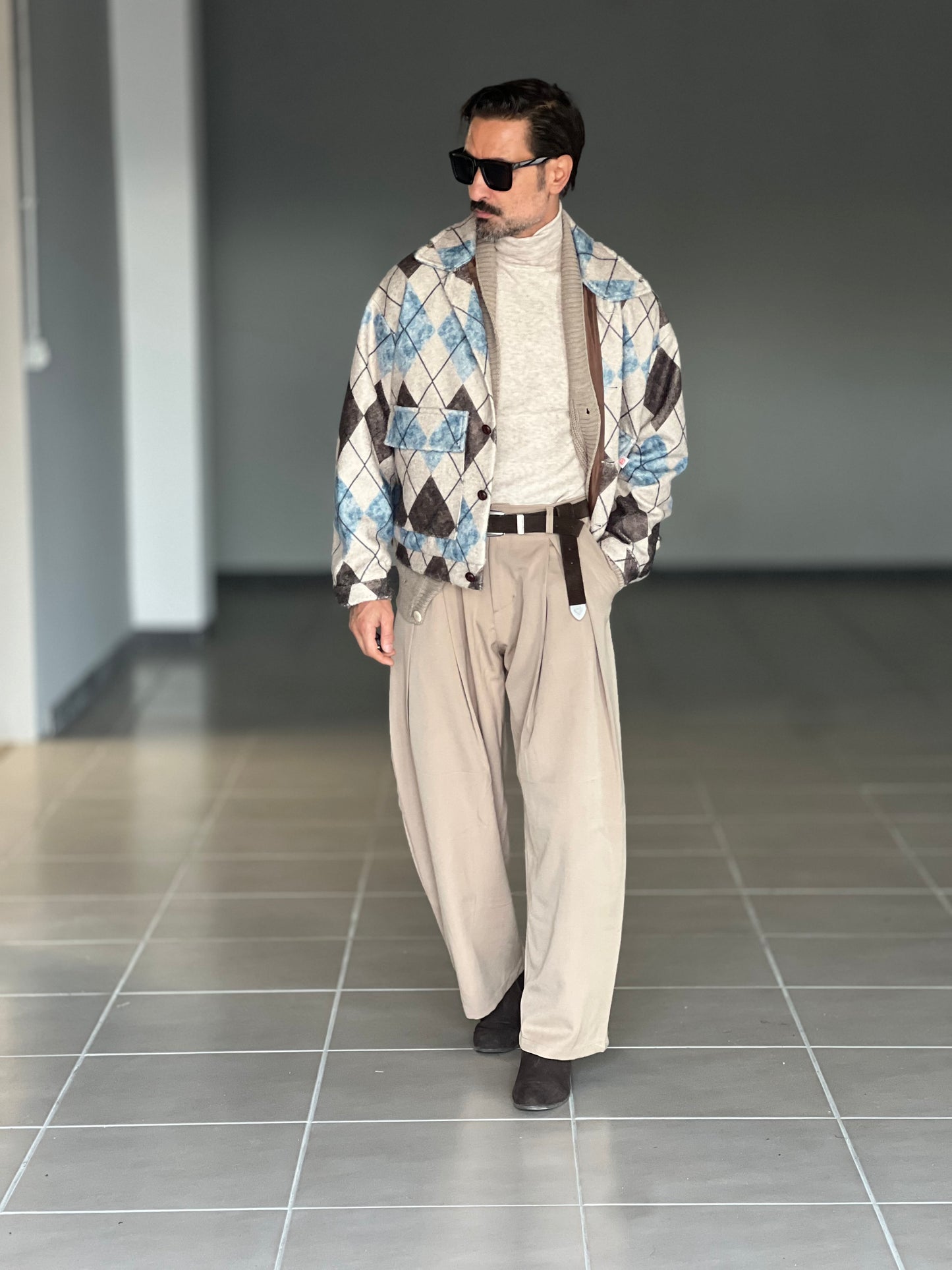 FILL JACKET ROMBO MORO PANNA E CELESTE CROP