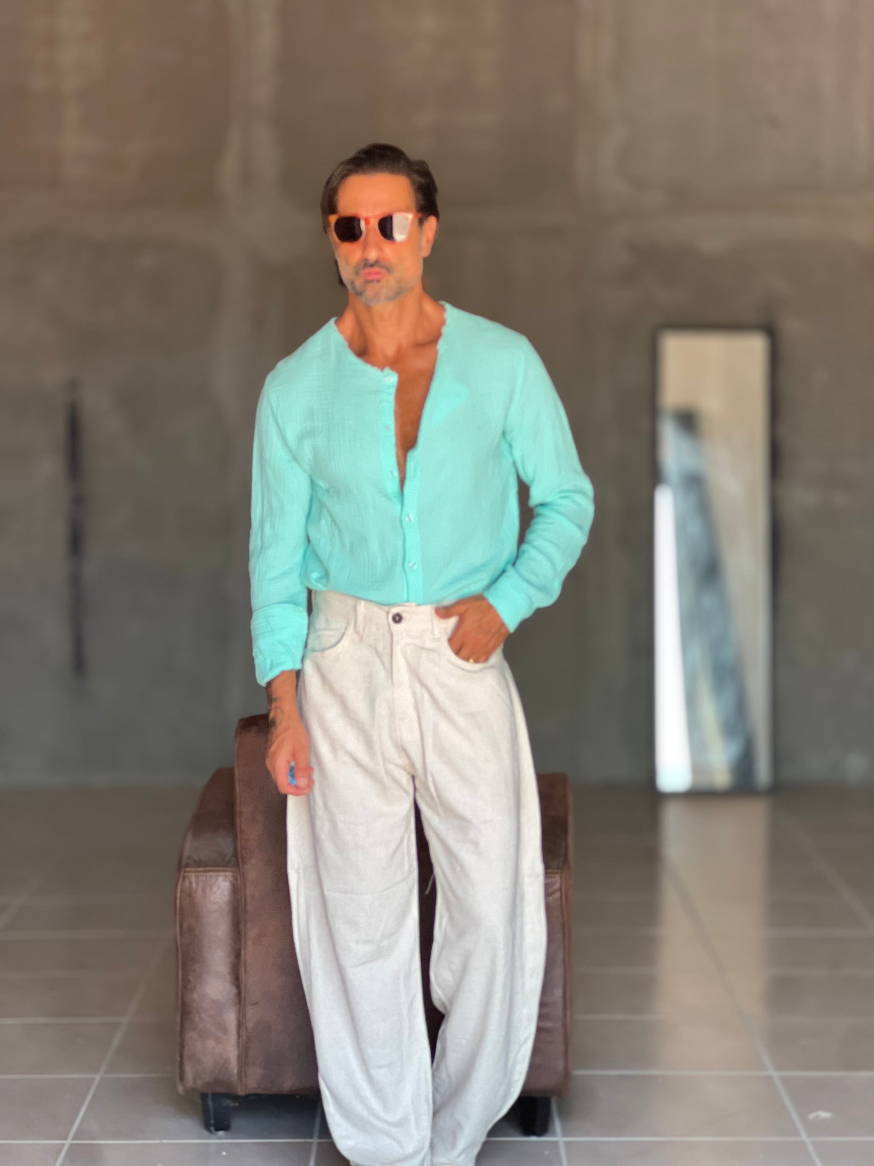 CAMICIA COREANA VERDE ACQUA GOFFRATA COTONE  EFFETTO LINO 278