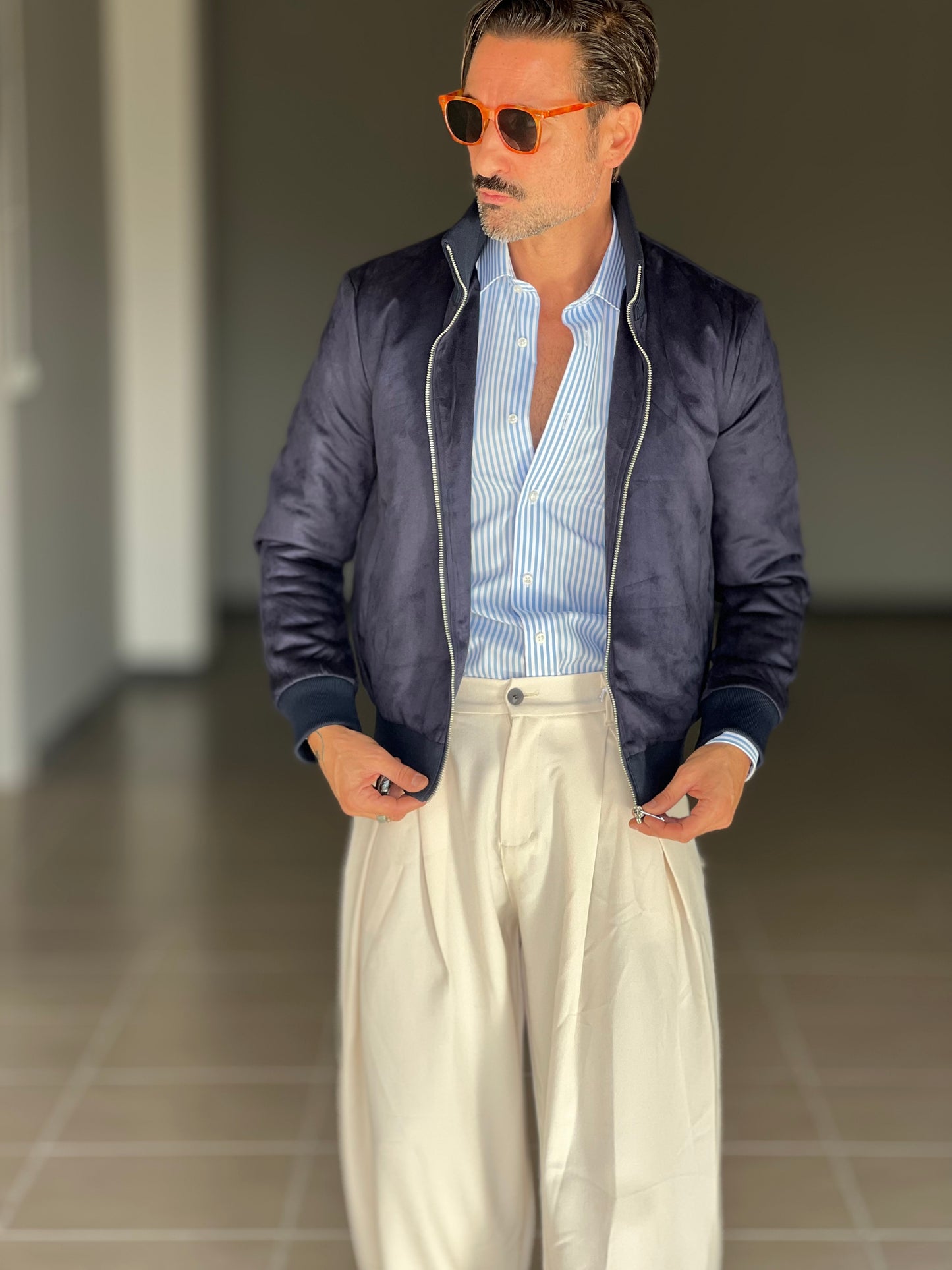 BOMBER ECOSUED BLU  COLLO IN MAGLIA