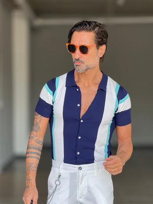 POLO CARDIGAN  MULTIRIGA BLU COLLO AMERICANO 00125