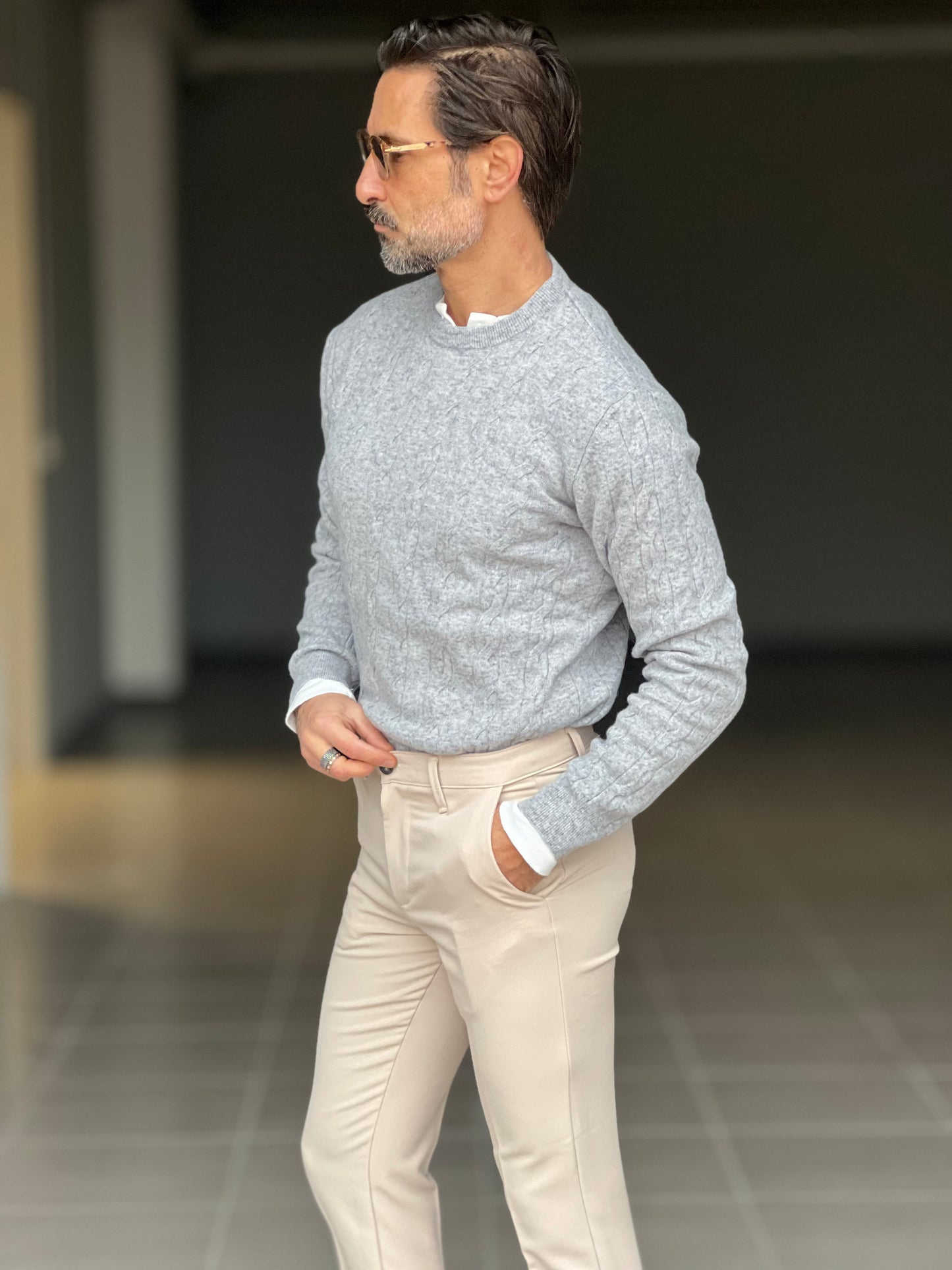 MAGLIA GIRO GRIGIA LANA E CASHEMERE TRECCIA PICCOLA