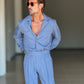 FILLJACKET  CELESTE MARE GESSATA VISCOSA OVER FIT 0301 ABBINABILE AL PANTALONE GESSATO  CELESTE MARE 00301