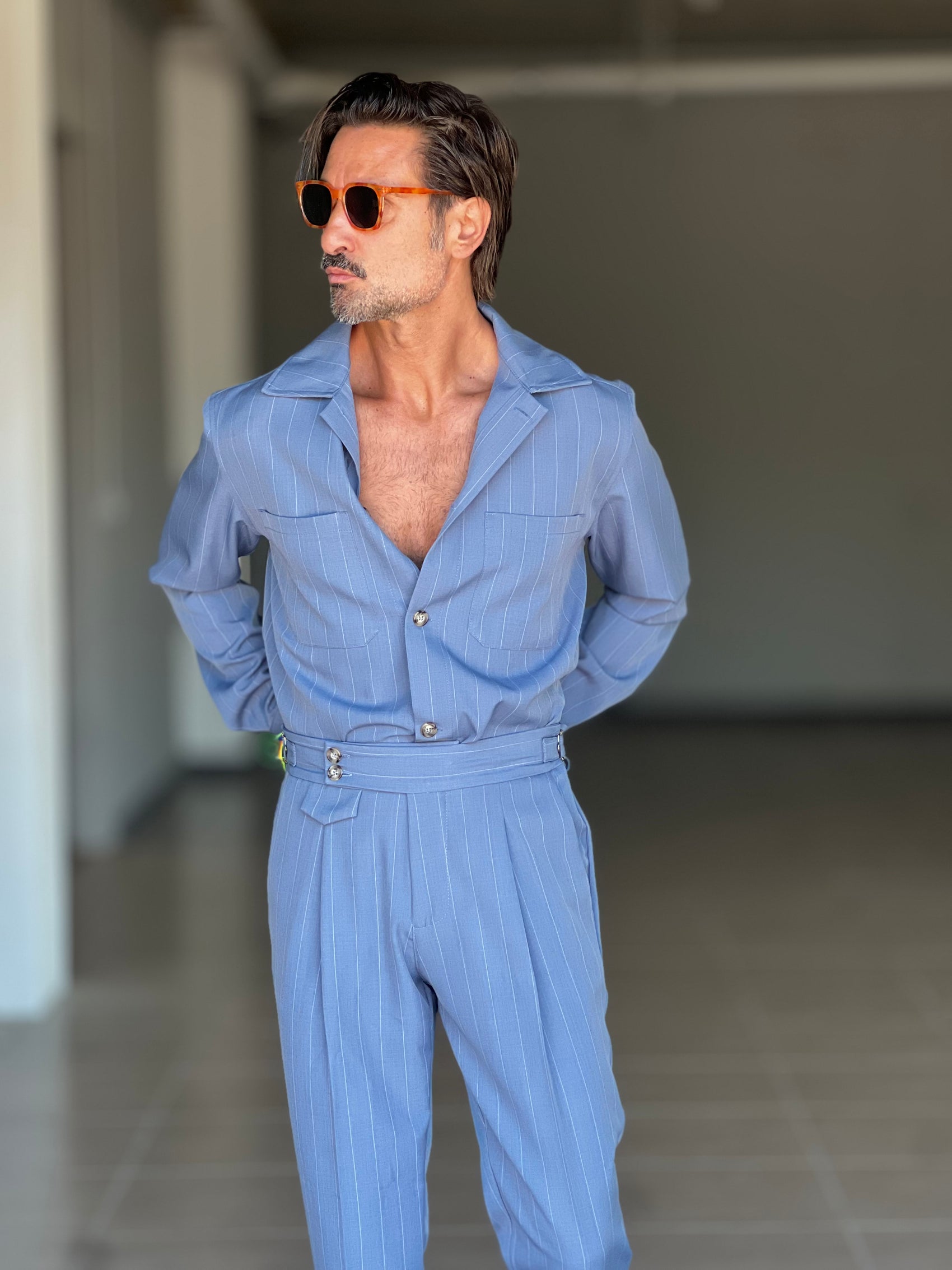 FILLJACKET  CELESTE MARE GESSATA VISCOSA OVER FIT 0301 ABBINABILE AL PANTALONE GESSATO  CELESTE MARE 00301