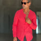 CAMICIA COREANA. ROSSA CORALLO GOFFRATA COTONE  EFFETTO LINO 278