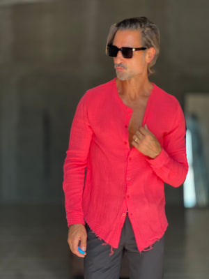 CAMICIA COREANA. ROSSA CORALLO GOFFRATA COTONE  EFFETTO LINO 278