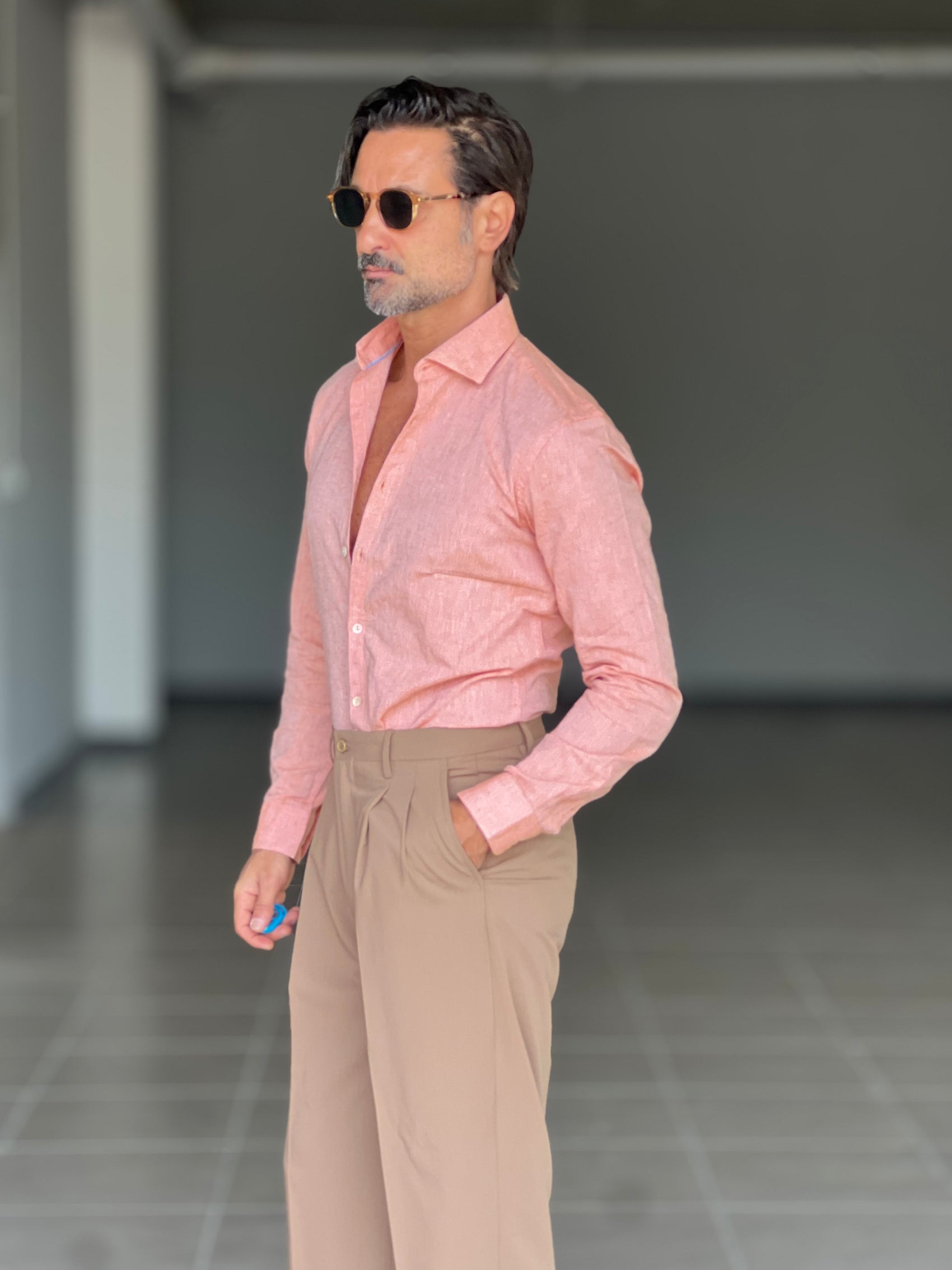 CAMICIA  ARANCIO  LINO E MISTI COLLO ITALIANO