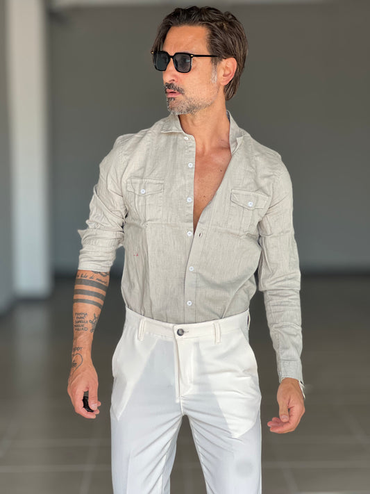 CAMICIA TEXANA MASTICE   MISTO LINO