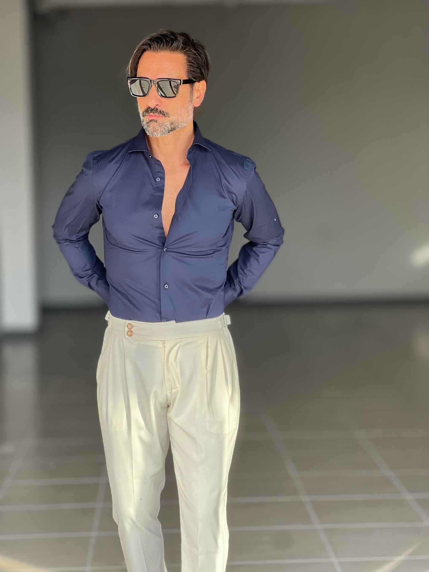 CAMICIA BLU    POPELINE DI COTONE STRECH