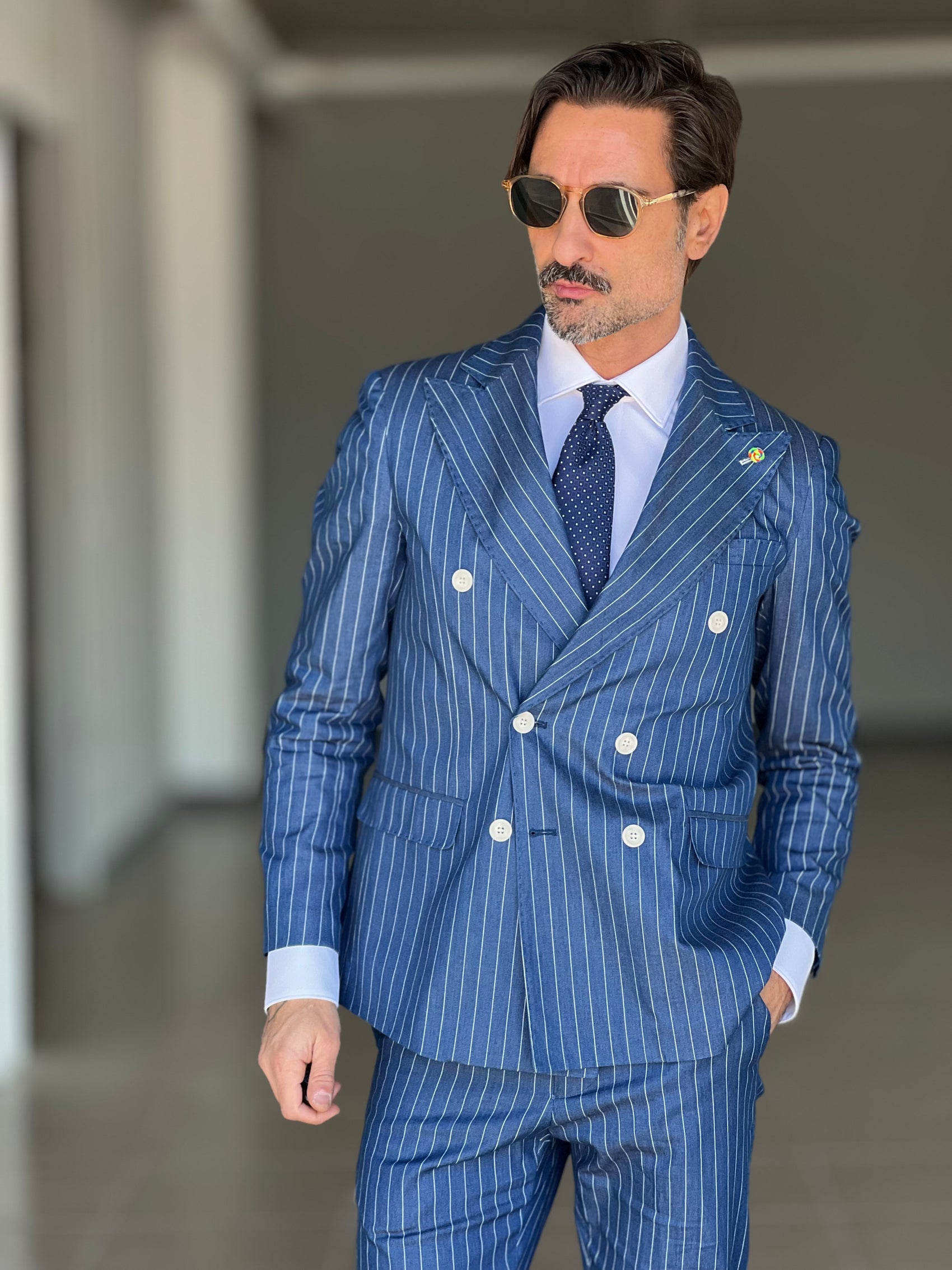 ABITO COLOR DENIM GESSATO FIAMMATO DOPPIOPETTO BOTTONE METALLO