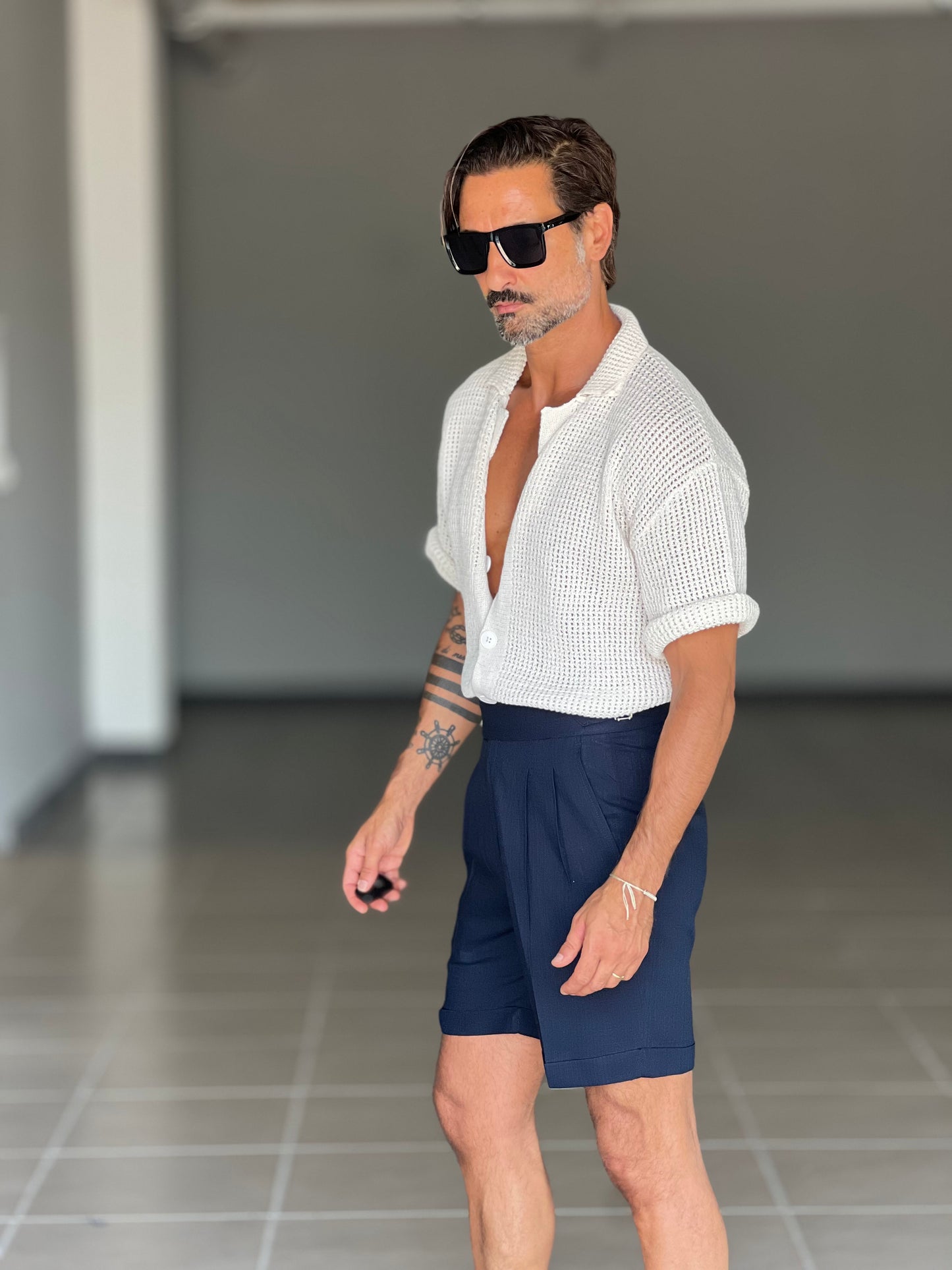 BERMUDA BLU LINO E VISCOSA   VITA ALTA