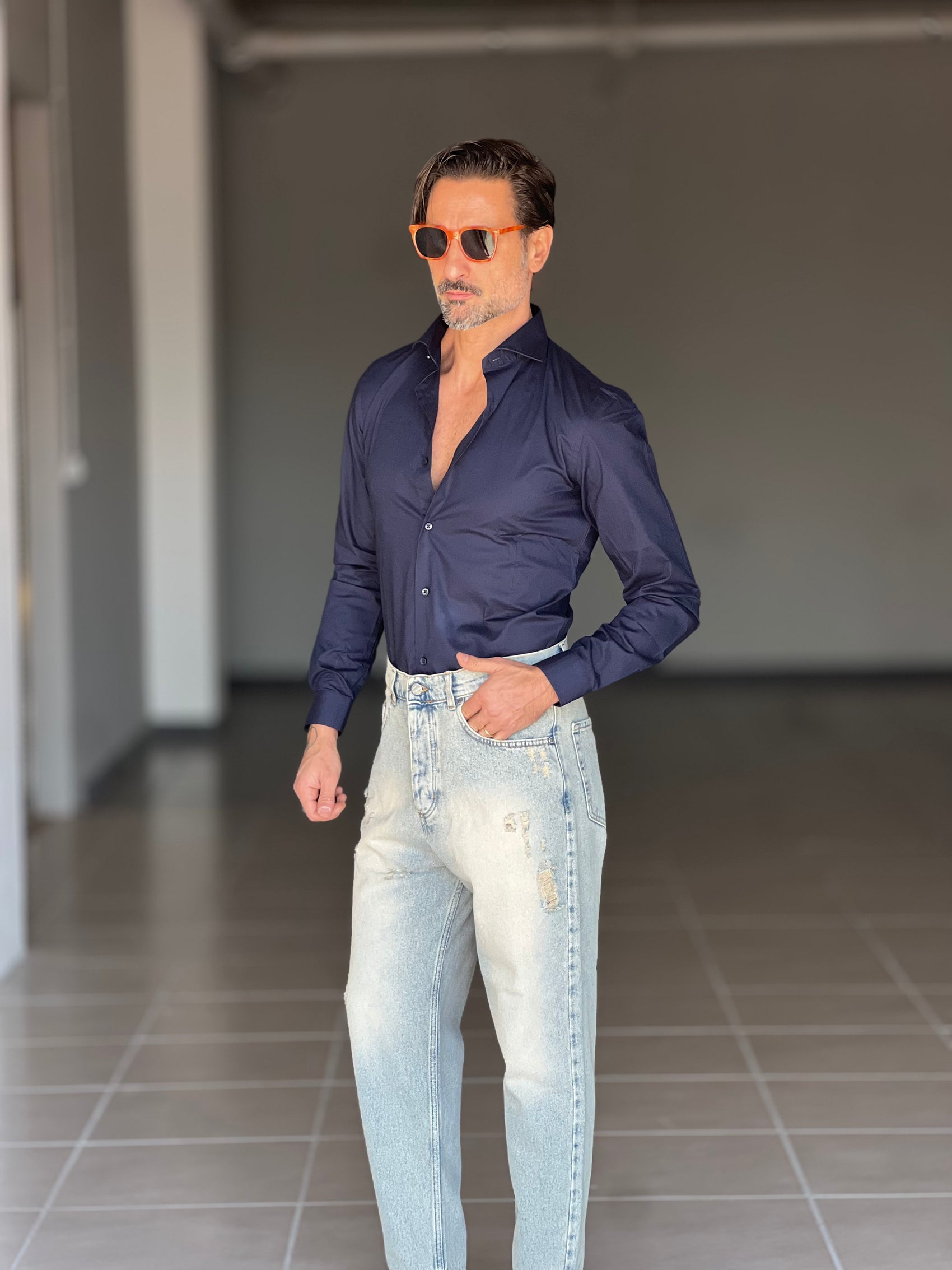 NEW.CAMICIA BLU    POPELINE DI COTONE STRECH