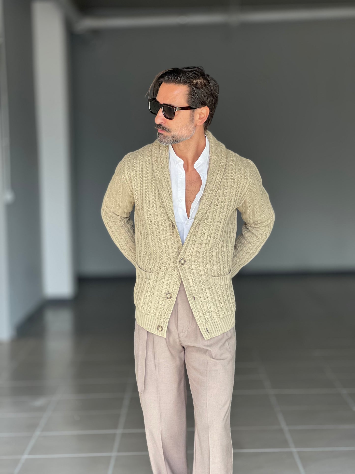 BEIGE COTTON OPEN CARDIGAN