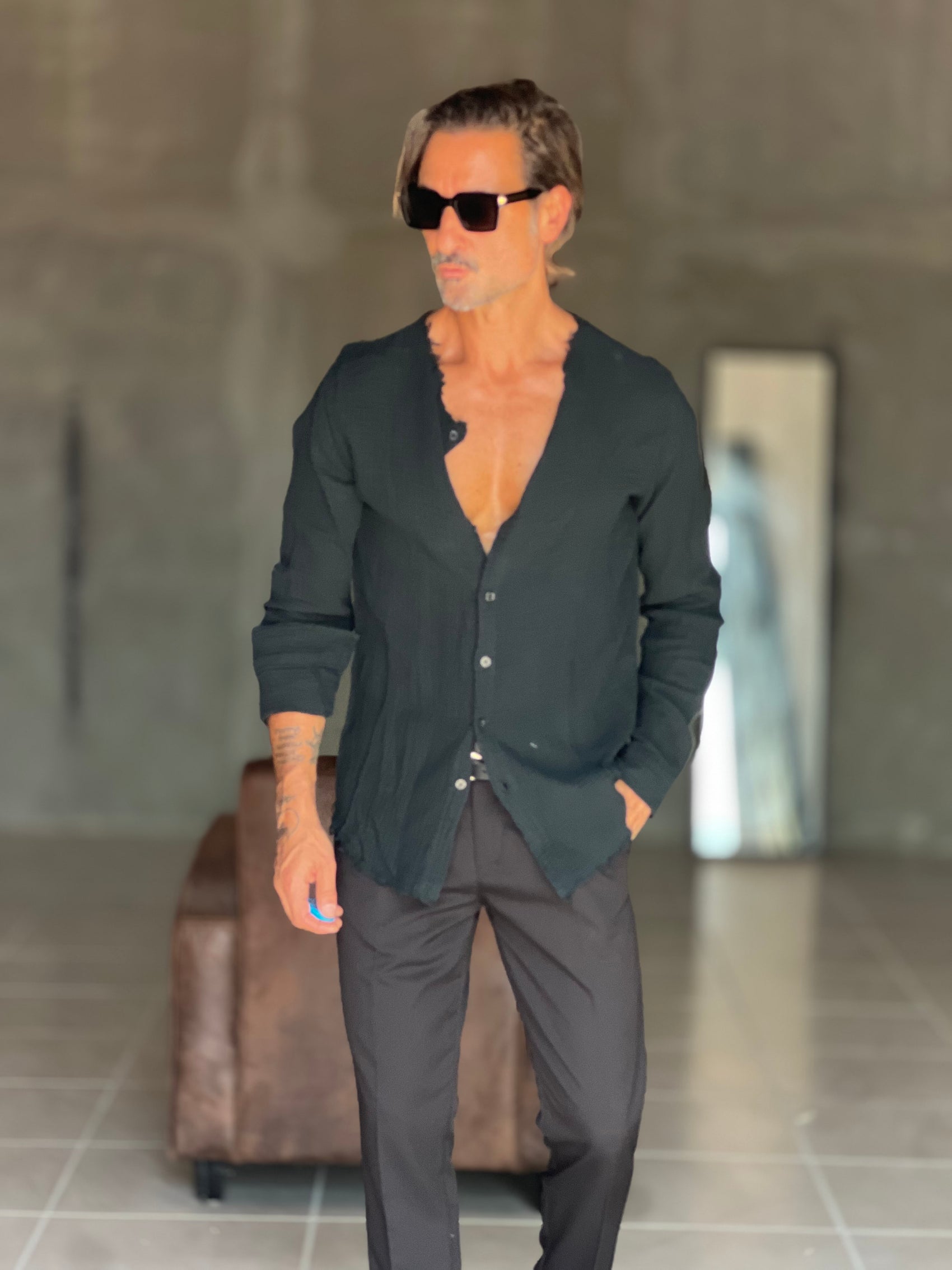 CAMICIA COREANA. NERA GOFFRATA COTONE  EFFETTO LINO 278