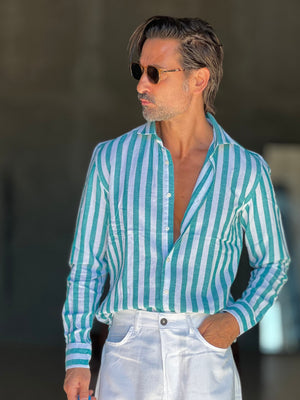 CAMICIA   BACCHETTA GRANDE  BIANCA E VERDE  LINO E MISTI COLLO ITALIANO