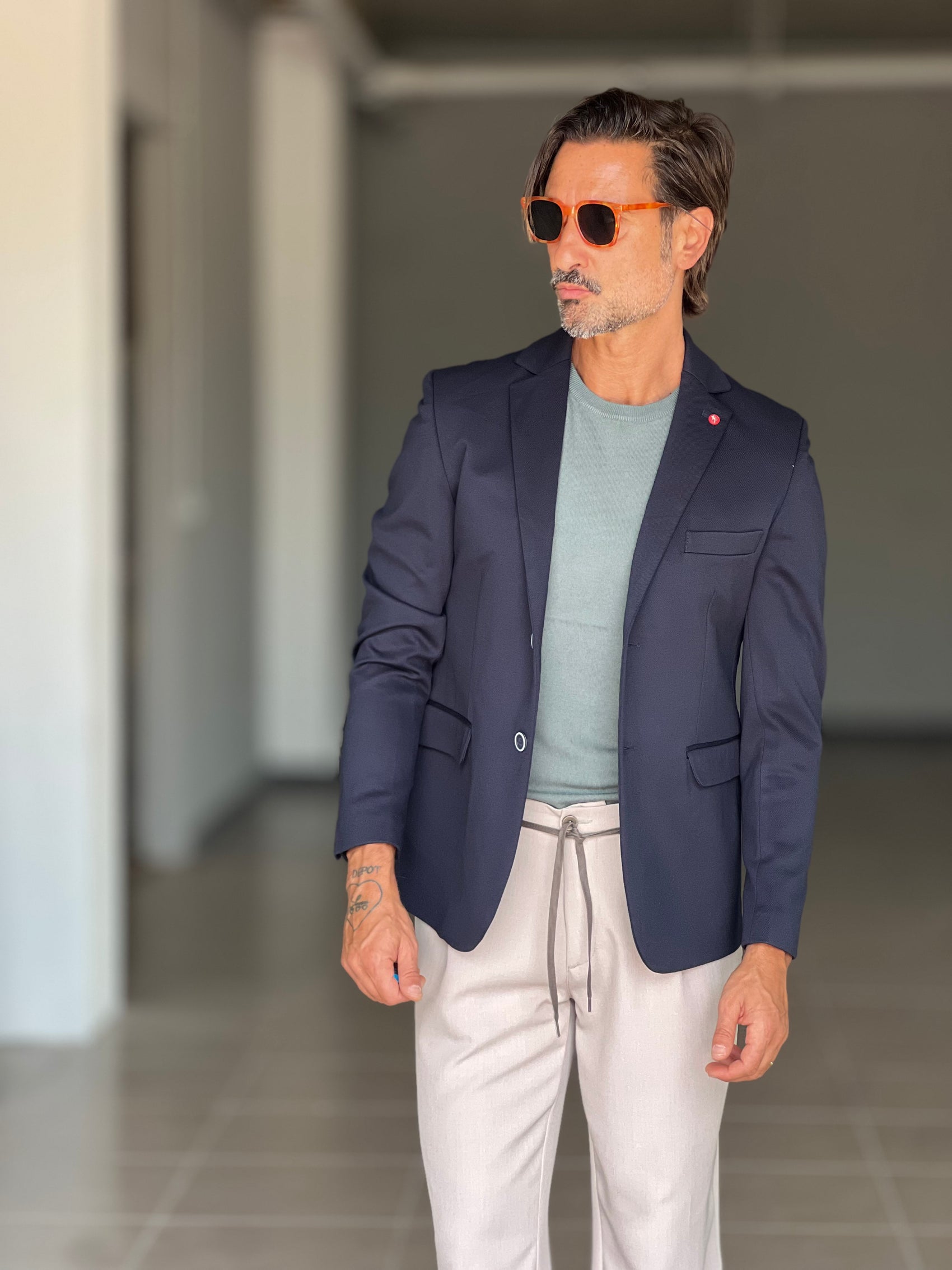 GIACCA MONOPETTO BLU TESSUTO RIGATO STRECH