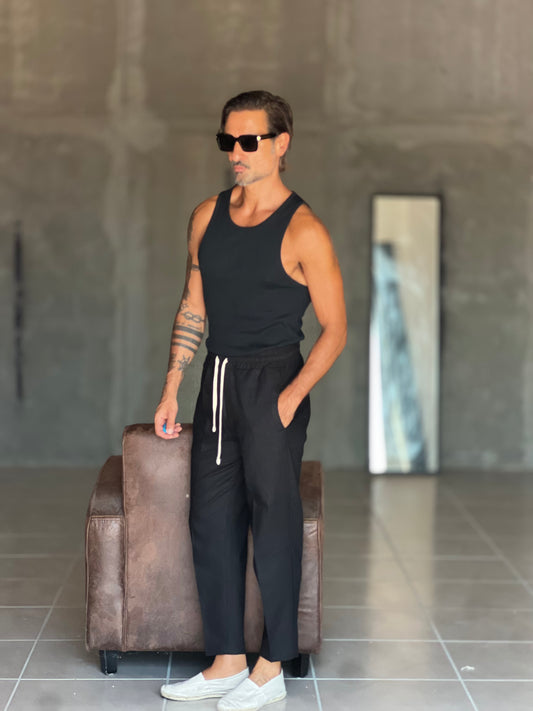 PANTALACCIO NERO  LACCIO A CONTRASTO MISTO LINO