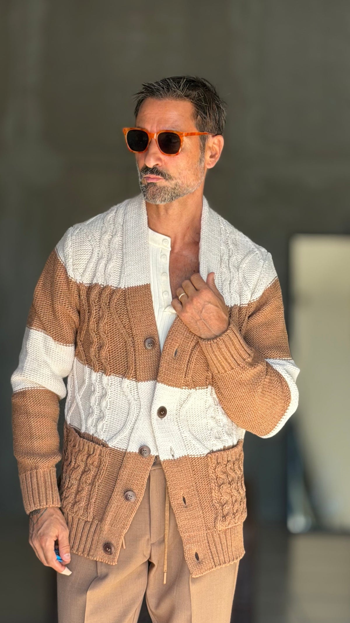 CARDIGAN MAGLIA INGLESE BANDA RIGA PANNA E CAMMELLO  BL11
