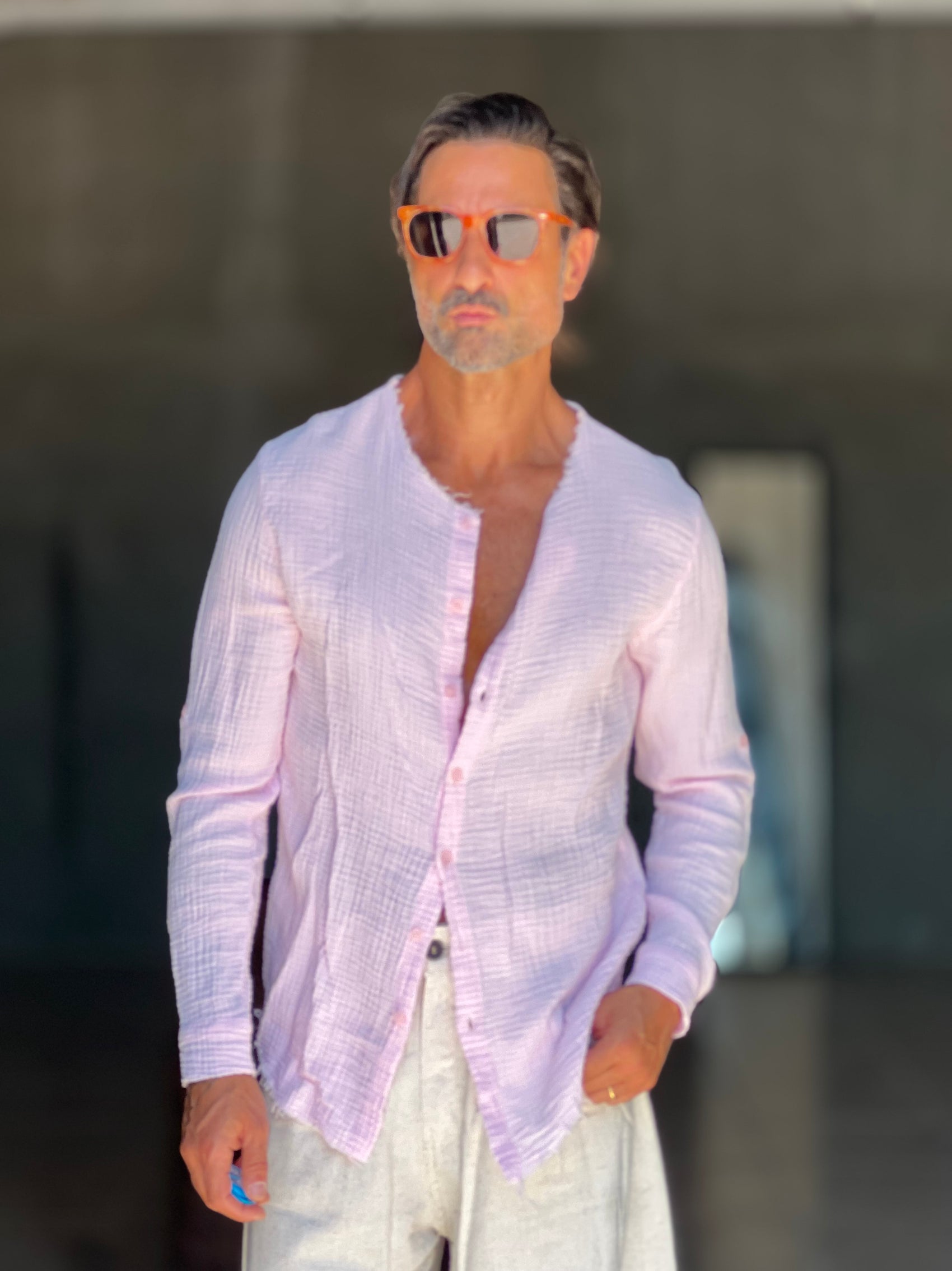 CAMICIA COREANA ROSA GOFFRATA COTONE  EFFETTO LINO 278