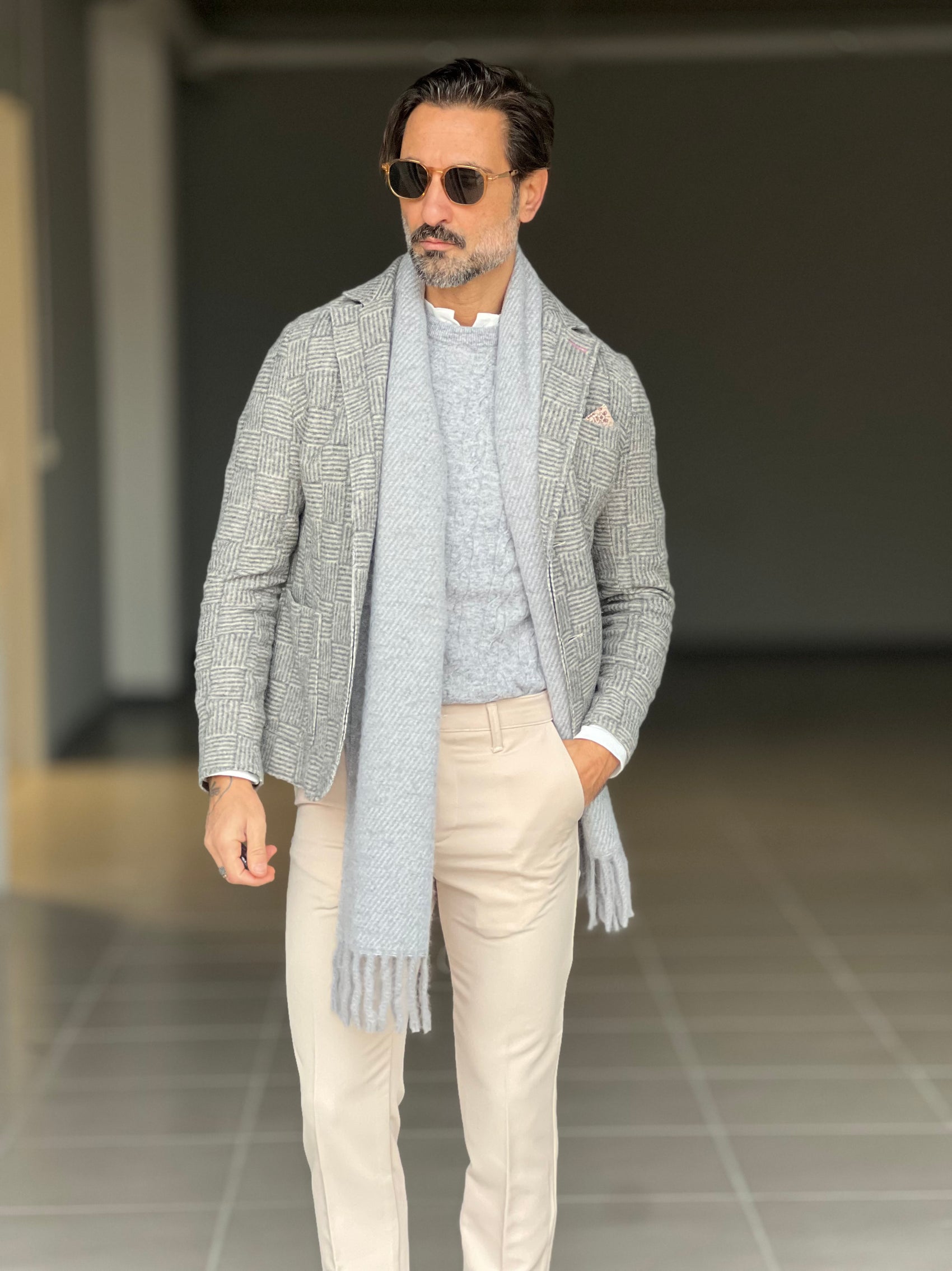 MAGLIA GIRO GRIGIA LANA E CASHEMERE TRECCIA PICCOLA