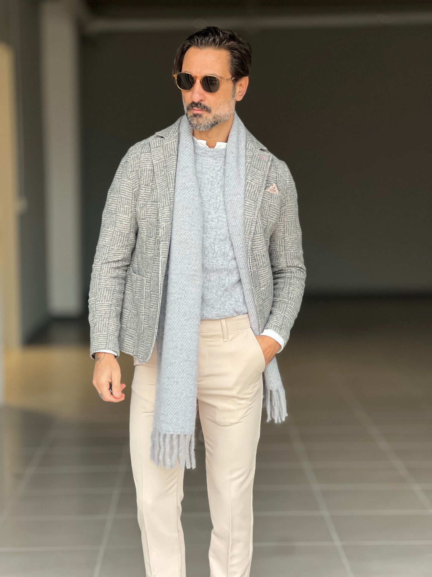 MAGLIA GIRO GRIGIA LANA E CASHEMERE TRECCIA PICCOLA