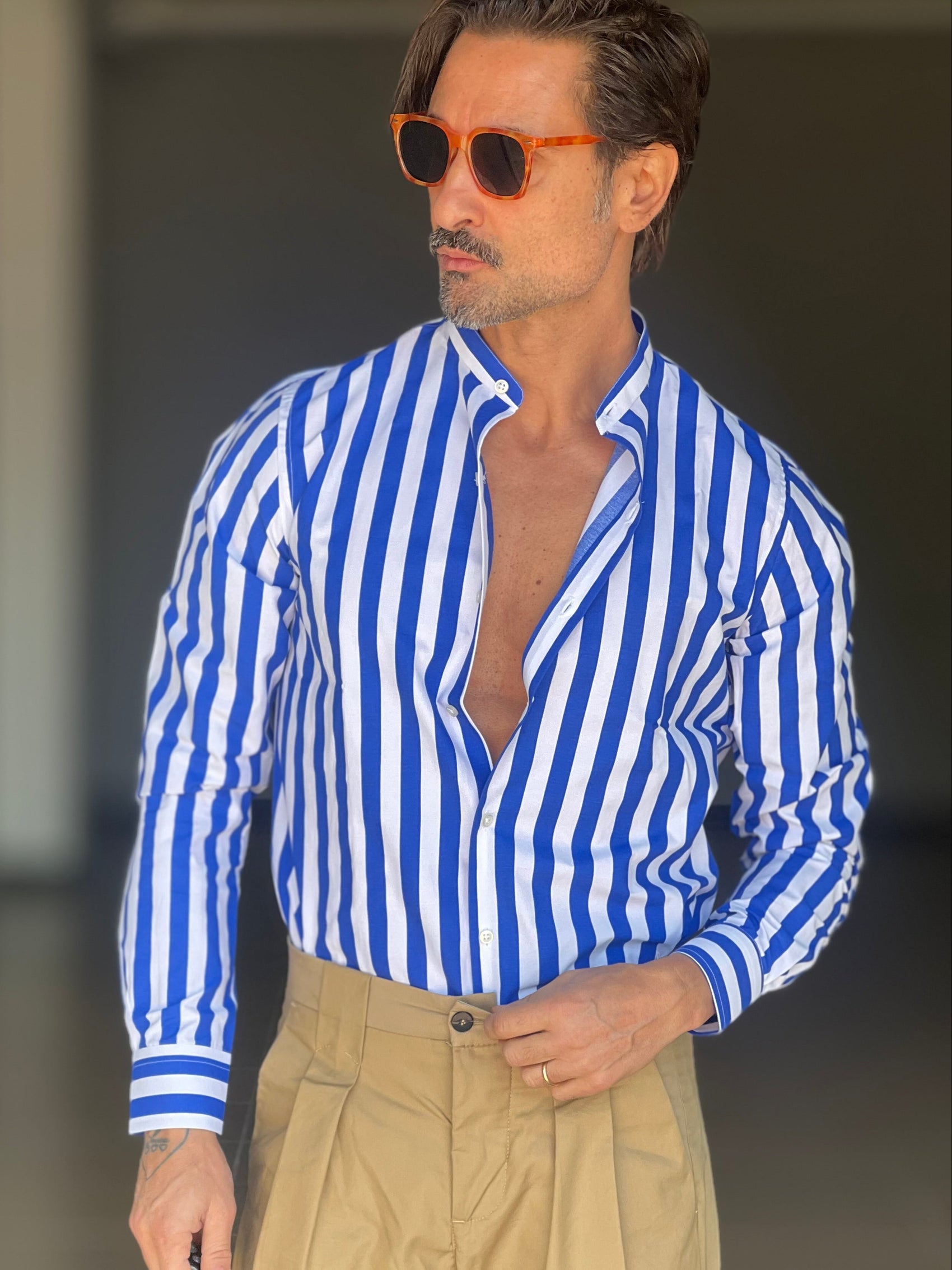 CAMICIA BIANCA E BLU  COREANA   POPELINE DI COTONE STRECH 0070