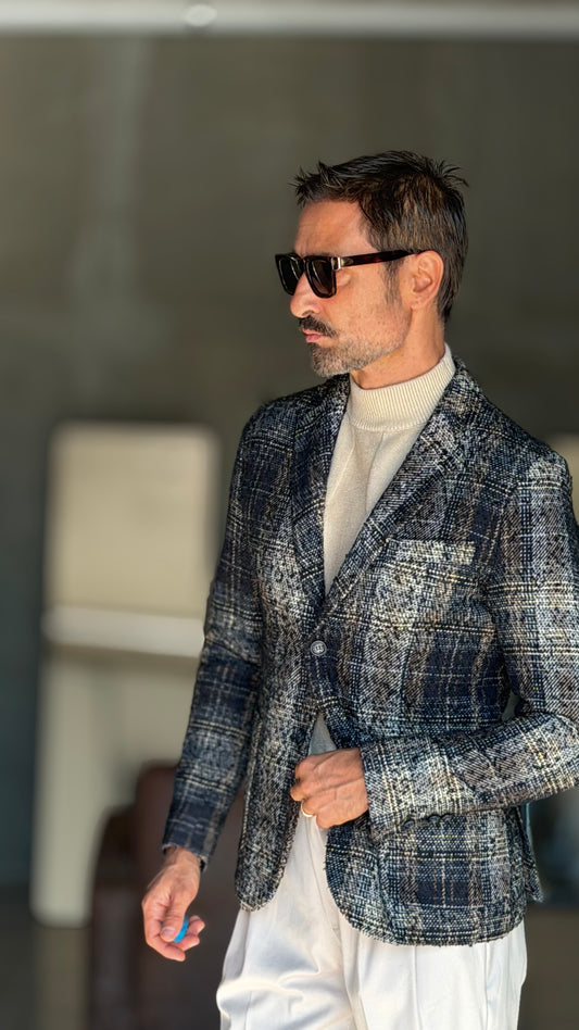 GIACCA TARTAN FONDO BLU E BEIGE EFFETTO PANNO BL11